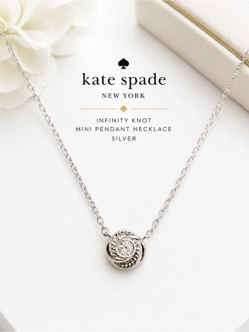 Kate Spade Infinity Knot Mini Pendant Necklace Silver Crystal NWT 17”
